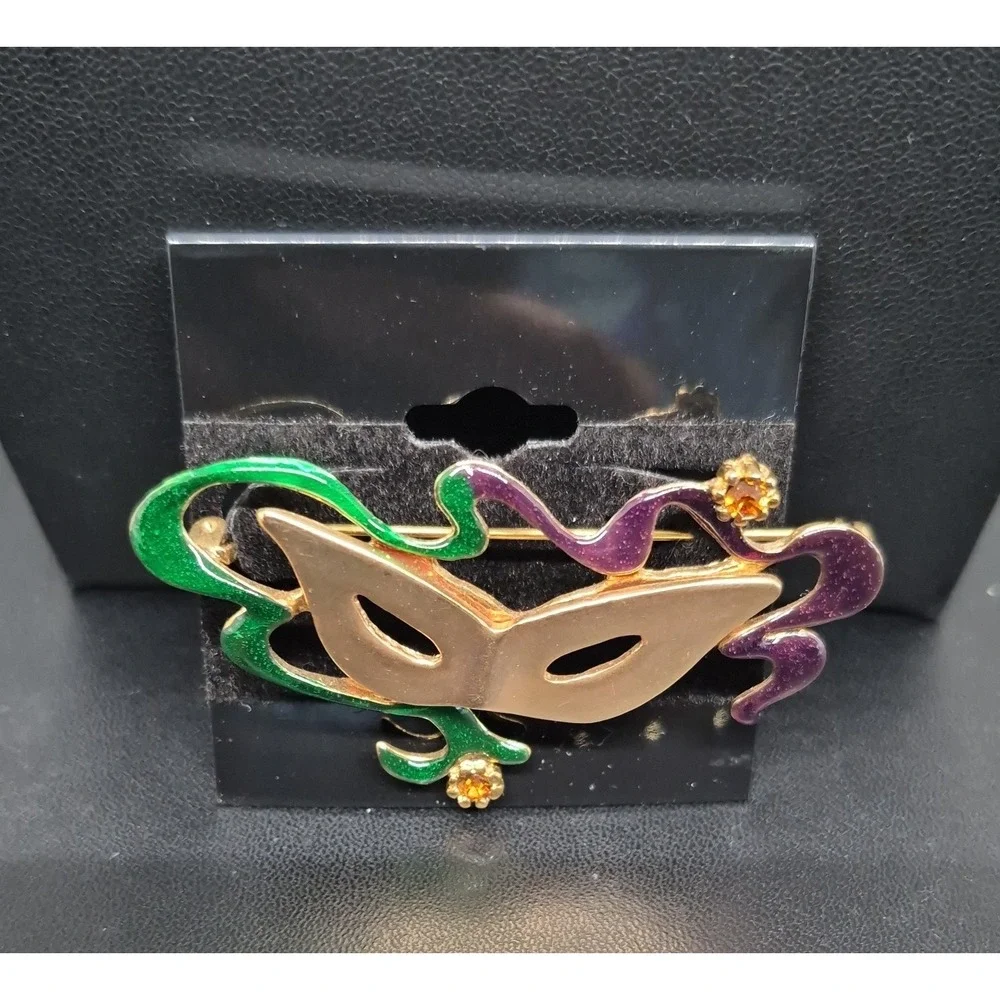 Masquerade Mask Brooch Comedy Tragedy Enamel Rhinestone Theater